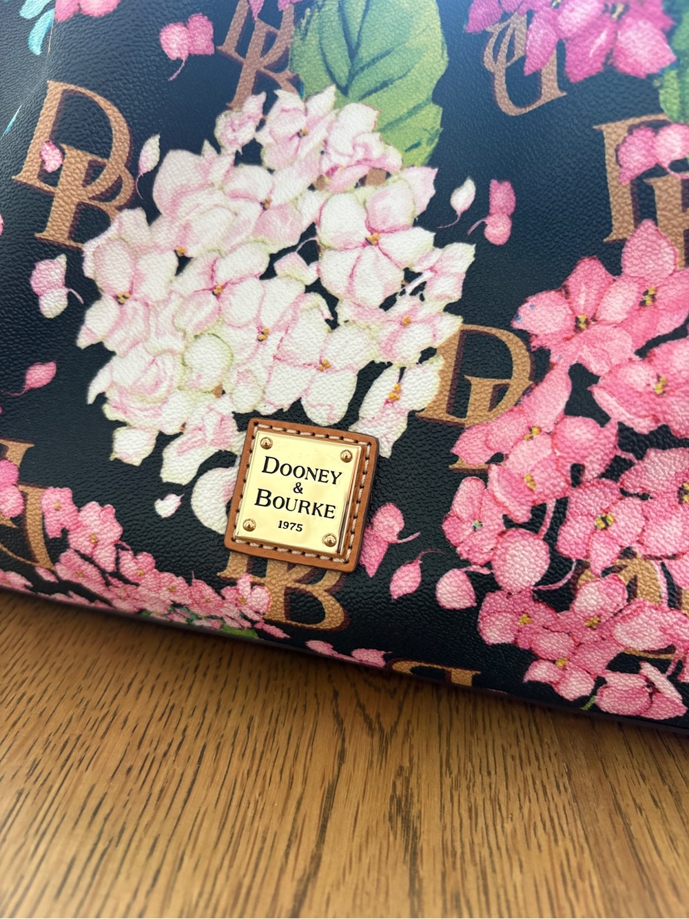 Dooney & Bourke Black Floral Hydrangea Tote with Tan Handles - Picture 3 of 10